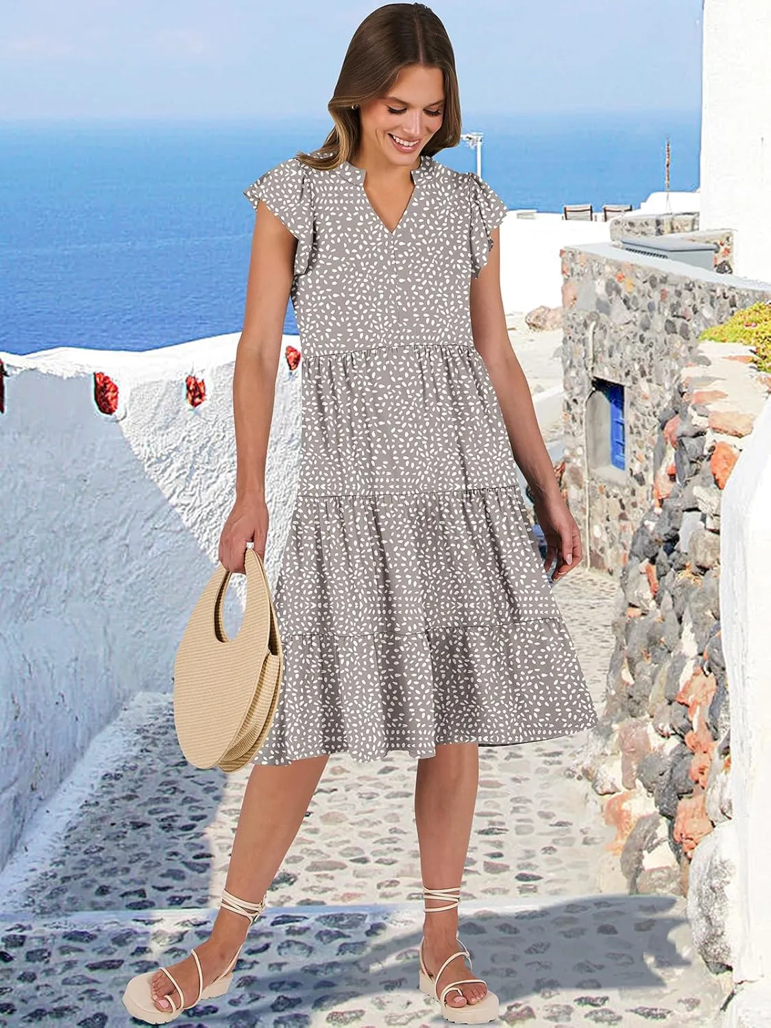 ANRABESS Womens Summer Dress Ruffle Sleeve V Neck Midi Dresses Fashion Casual Fit Flowy Tiered Boho Beach Vacation Sundress