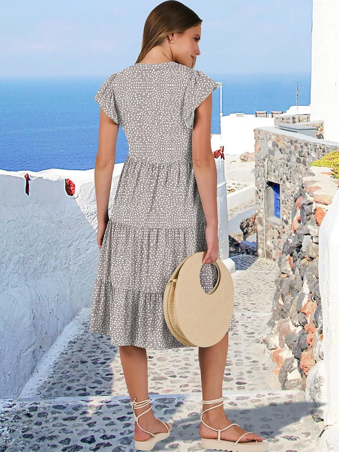 ANRABESS Womens Summer Dress Ruffle Sleeve V Neck Midi Dresses Fashion Casual Fit Flowy Tiered Boho Beach Vacation Sundress