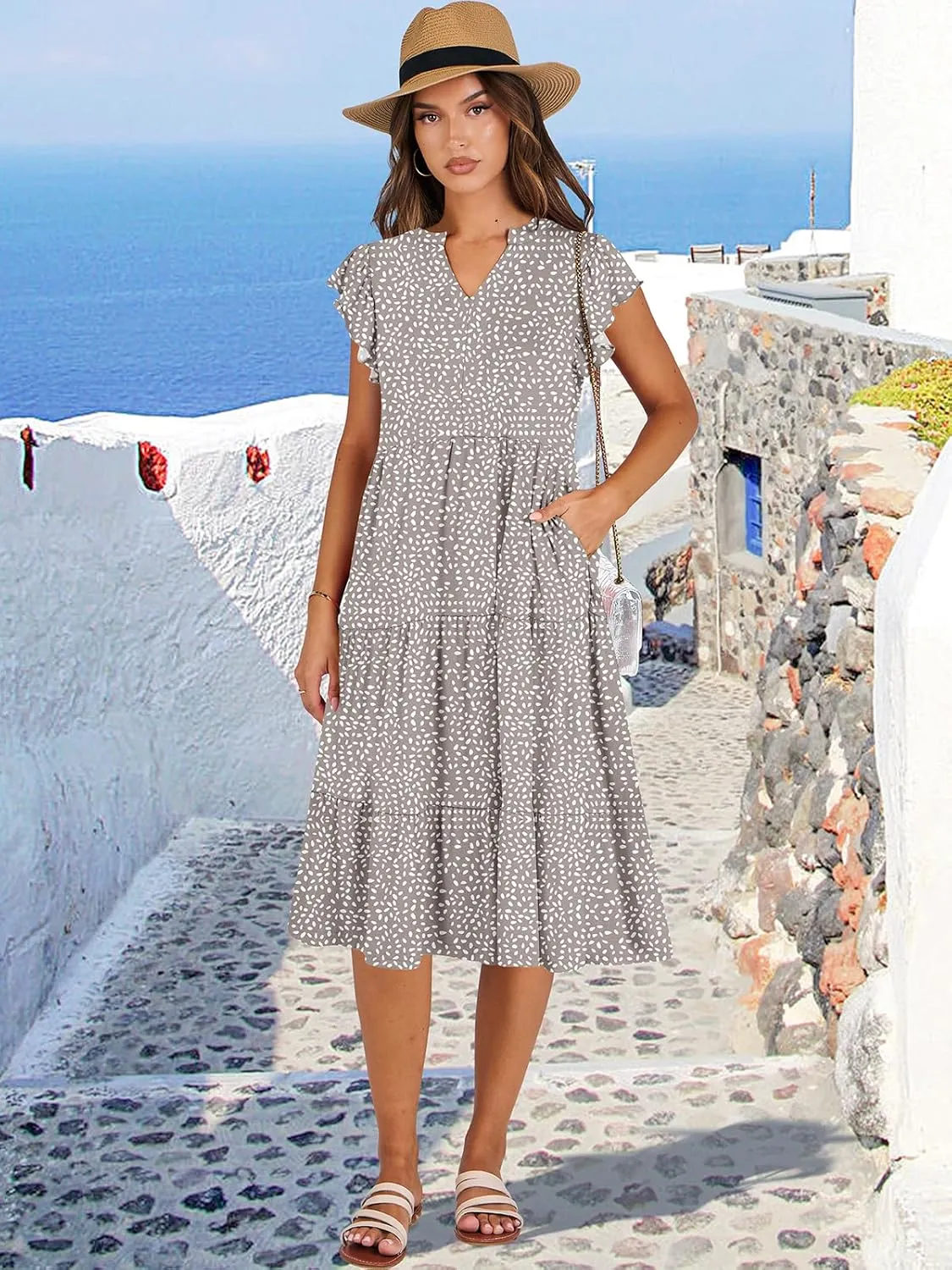 ANRABESS Womens Summer Dress Ruffle Sleeve V Neck Midi Dresses Fashion Casual Fit Flowy Tiered Boho Beach Vacation Sundress