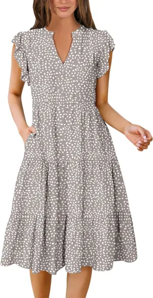ANRABESS Womens Summer Dress Ruffle Sleeve V Neck Midi Dresses Fashion Casual Fit Flowy Tiered Boho Beach Vacation Sundress