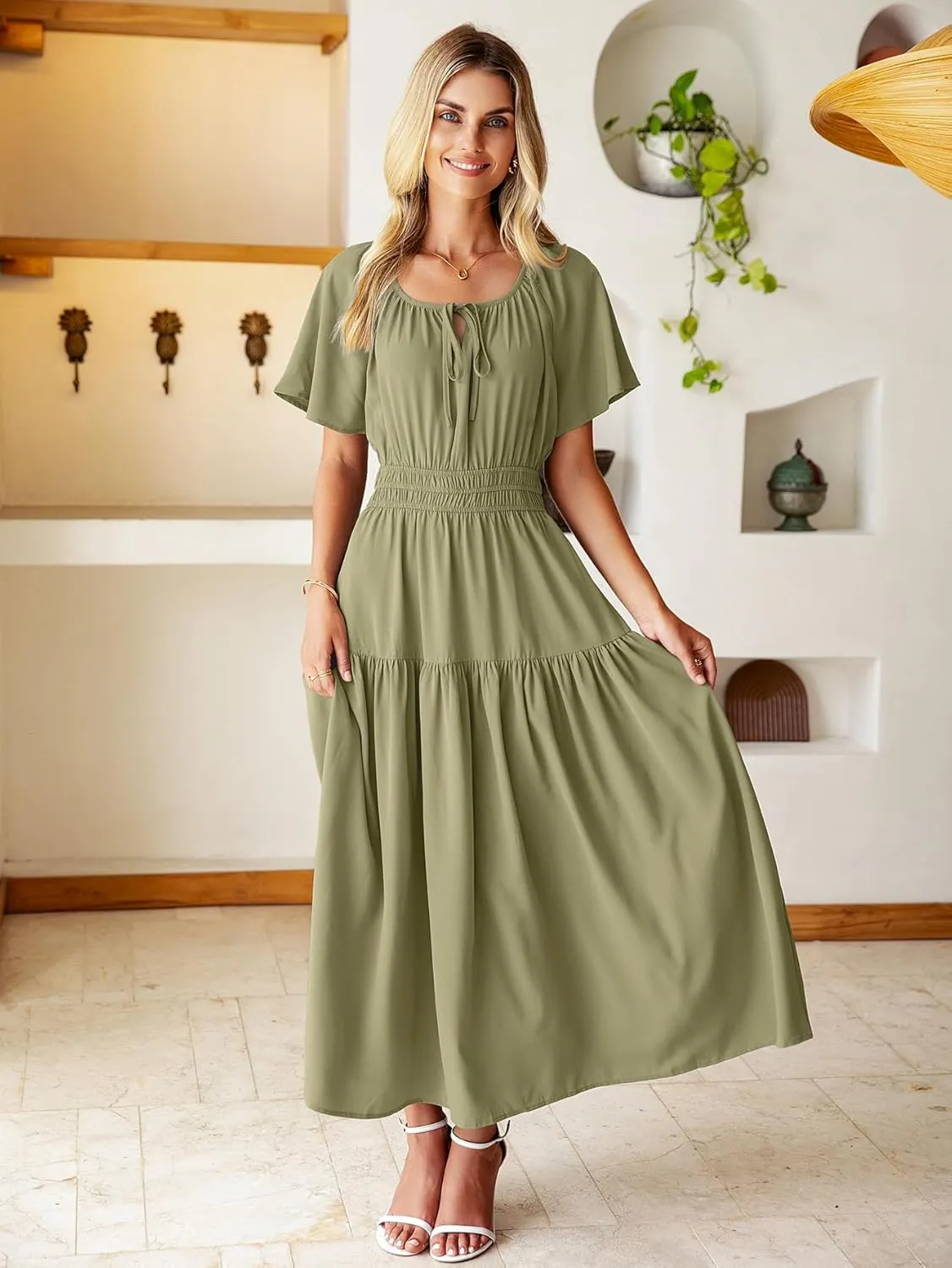 BerryGo Women Casual Summer Dress 2025 Short Sleeve Drawstring Flowy Maxi Long Dresses with Pockets