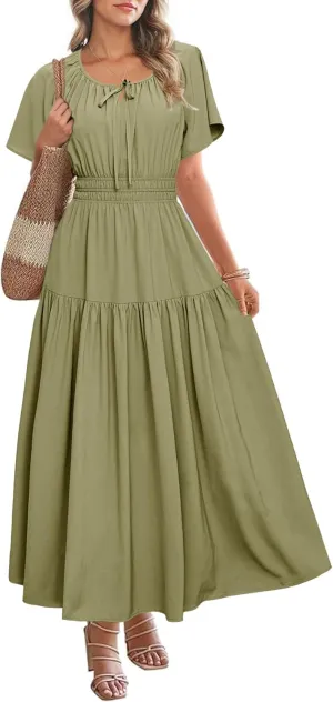 BerryGo Women Casual Summer Dress 2025 Short Sleeve Drawstring Flowy Maxi Long Dresses with Pockets