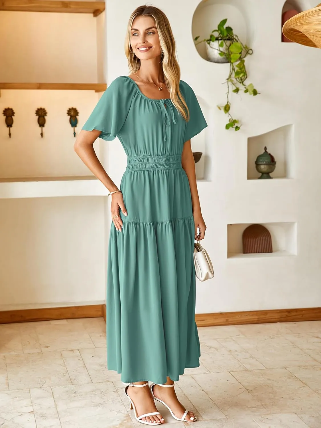 BerryGo Women Casual Summer Dress 2025 Short Sleeve Drawstring Flowy Maxi Long Dresses with Pockets