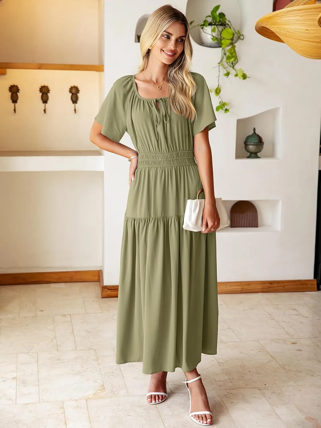 BerryGo Women Casual Summer Dress 2025 Short Sleeve Drawstring Flowy Maxi Long Dresses with Pockets