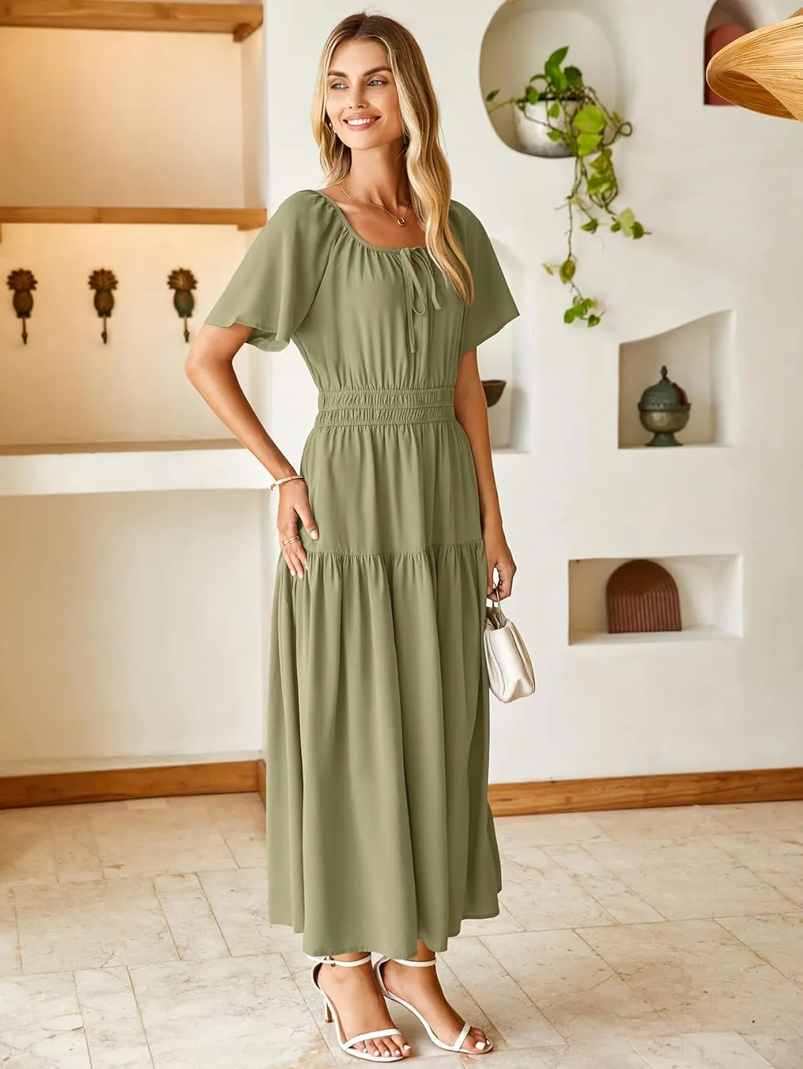 BerryGo Women Casual Summer Dress 2025 Short Sleeve Drawstring Flowy Maxi Long Dresses with Pockets