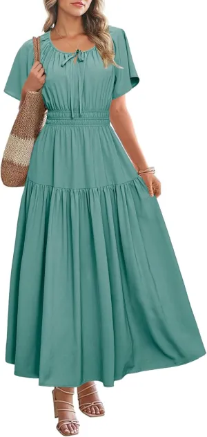 BerryGo Women Casual Summer Dress 2025 Short Sleeve Drawstring Flowy Maxi Long Dresses with Pockets