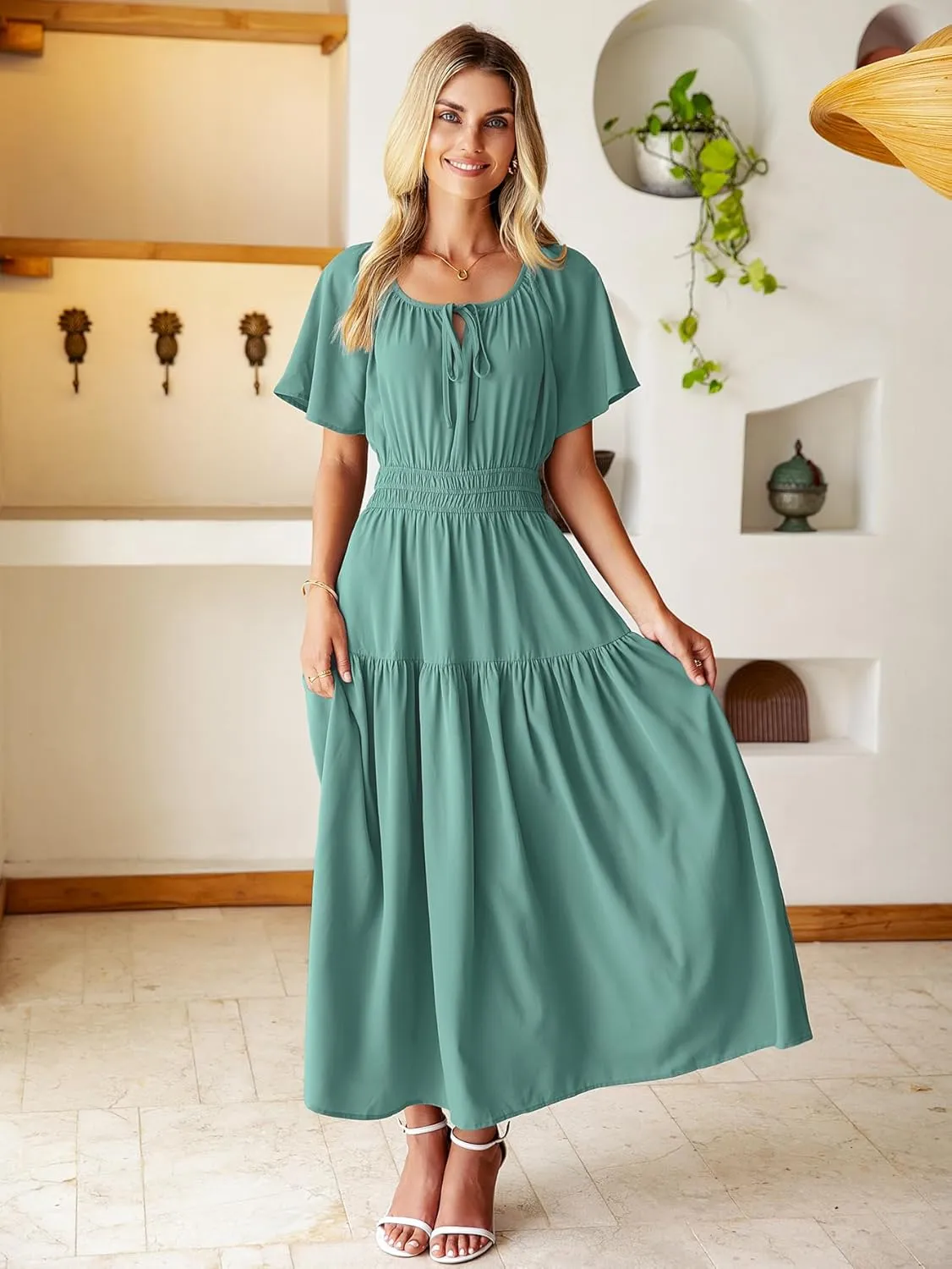BerryGo Women Casual Summer Dress 2025 Short Sleeve Drawstring Flowy Maxi Long Dresses with Pockets