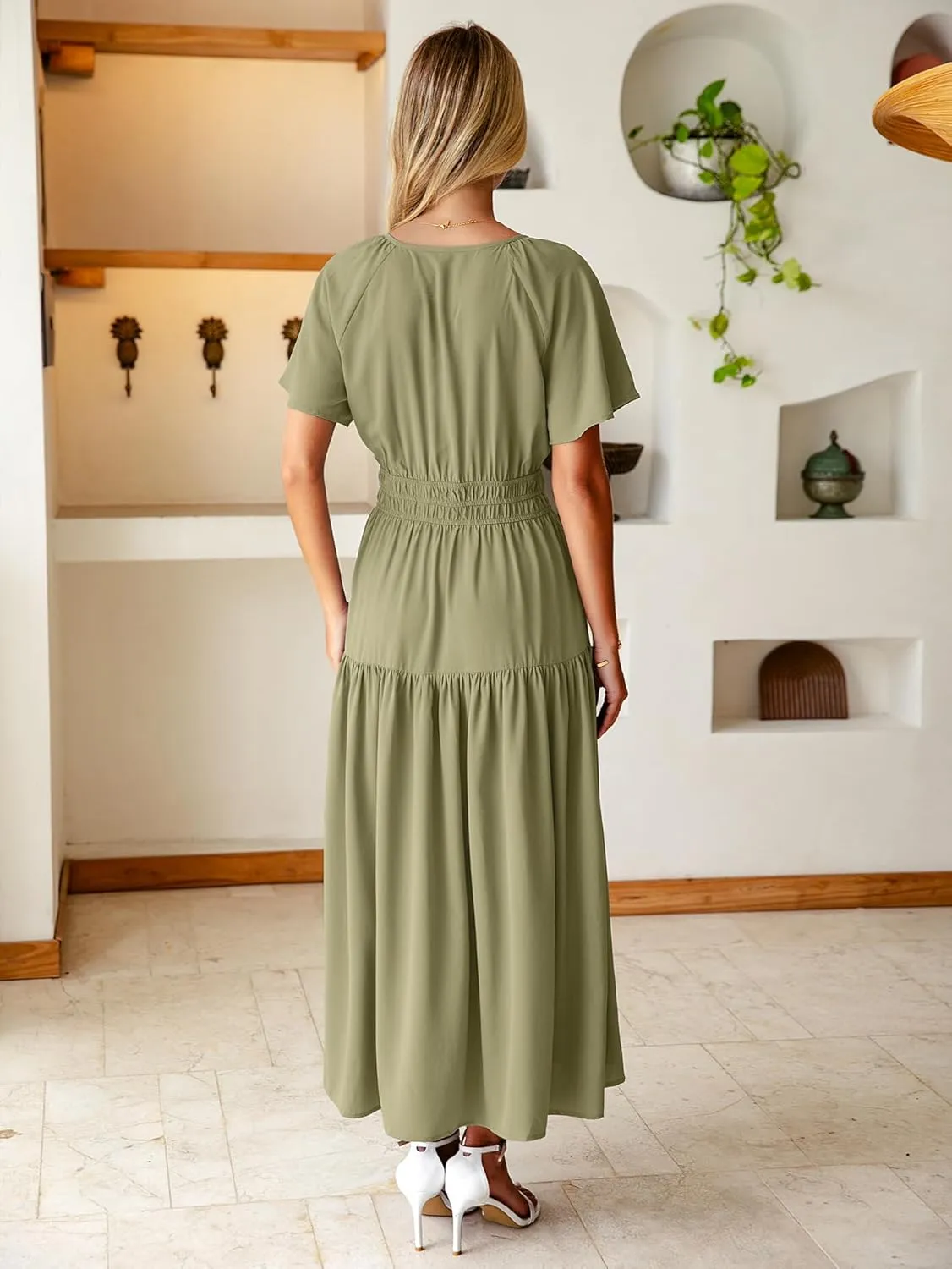 BerryGo Women Casual Summer Dress 2025 Short Sleeve Drawstring Flowy Maxi Long Dresses with Pockets