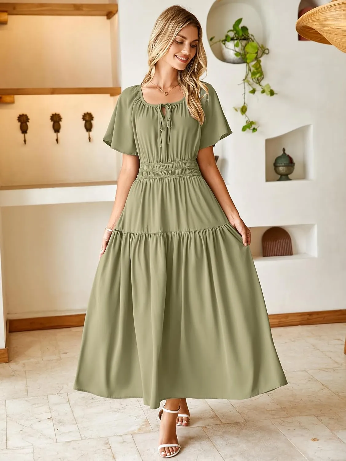 BerryGo Women Casual Summer Dress 2025 Short Sleeve Drawstring Flowy Maxi Long Dresses with Pockets