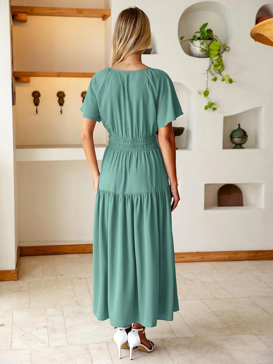 BerryGo Women Casual Summer Dress 2025 Short Sleeve Drawstring Flowy Maxi Long Dresses with Pockets