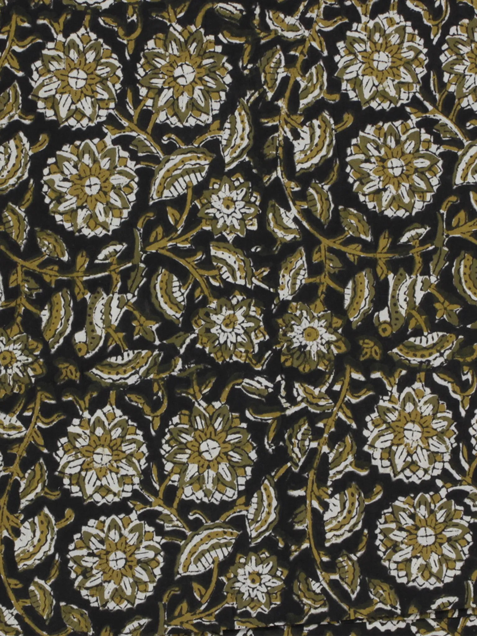 Black Ivory Olive Green Hand Block Printed Cotton Fabric Per Meter - F001F580