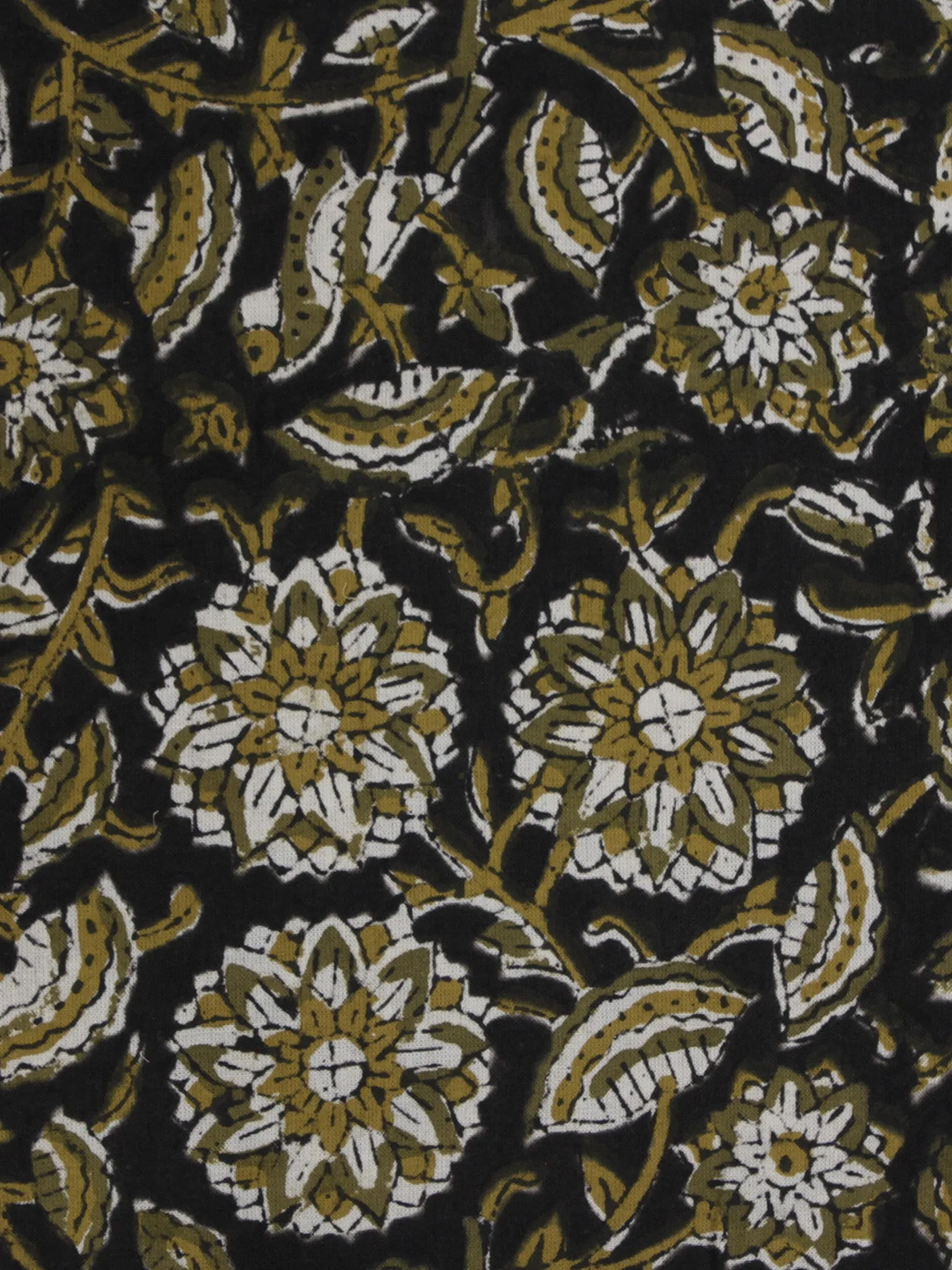 Black Ivory Olive Green Hand Block Printed Cotton Fabric Per Meter - F001F580