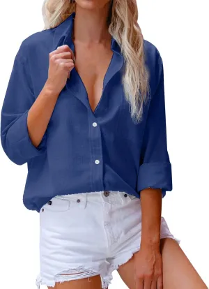 Casual Linen Button Down Shirts for Women Slim Fit Collared Long Sleeve Plain Tops Front Pocket Cotton Summer Blouses