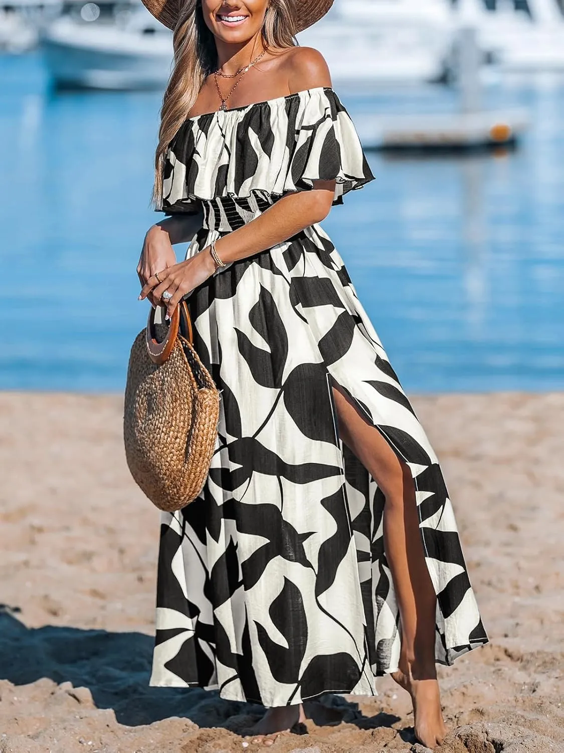 CUPSHE Women Ruffle Floral Maxi Summer Dress Off Shoulder Short Sleeve Backless Flounce Bodice Slit Hem Beach Dresses