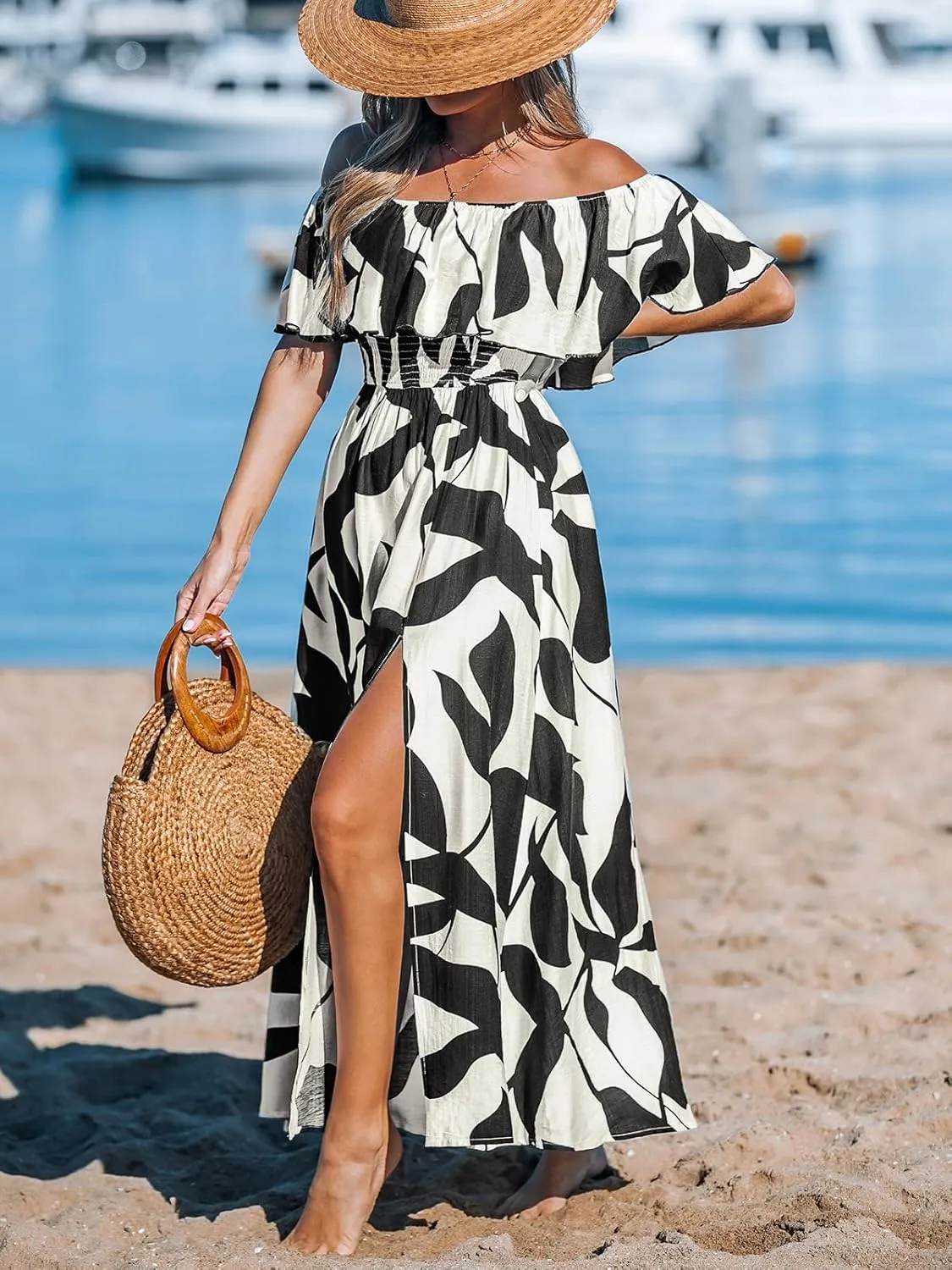 CUPSHE Women Ruffle Floral Maxi Summer Dress Off Shoulder Short Sleeve Backless Flounce Bodice Slit Hem Beach Dresses