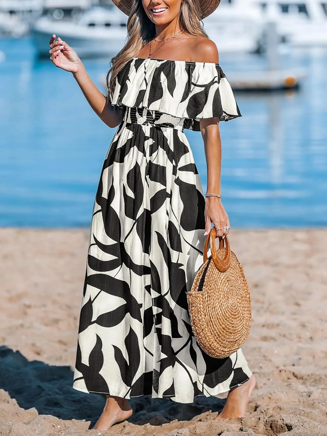 CUPSHE Women Ruffle Floral Maxi Summer Dress Off Shoulder Short Sleeve Backless Flounce Bodice Slit Hem Beach Dresses