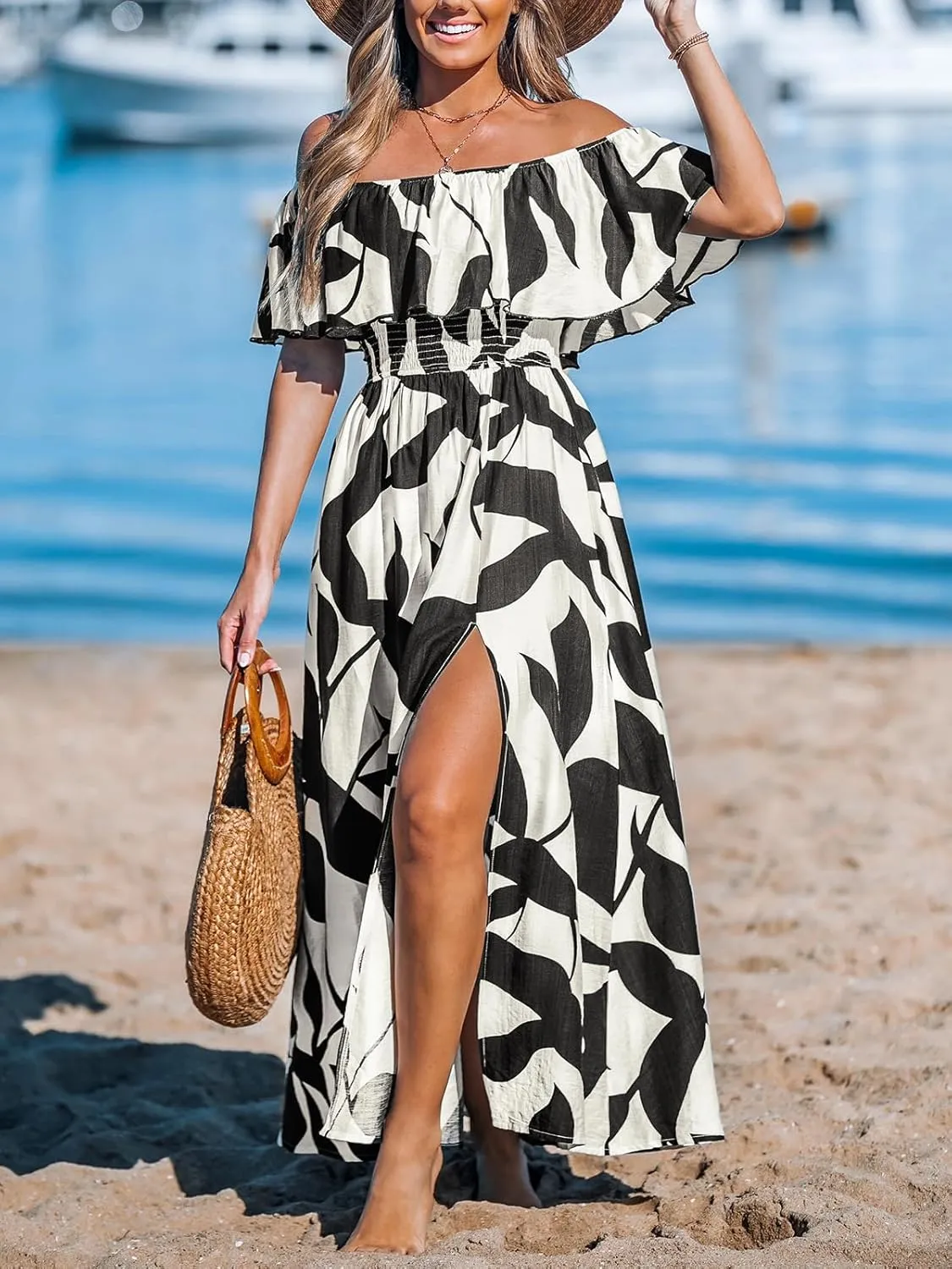 CUPSHE Women Ruffle Floral Maxi Summer Dress Off Shoulder Short Sleeve Backless Flounce Bodice Slit Hem Beach Dresses