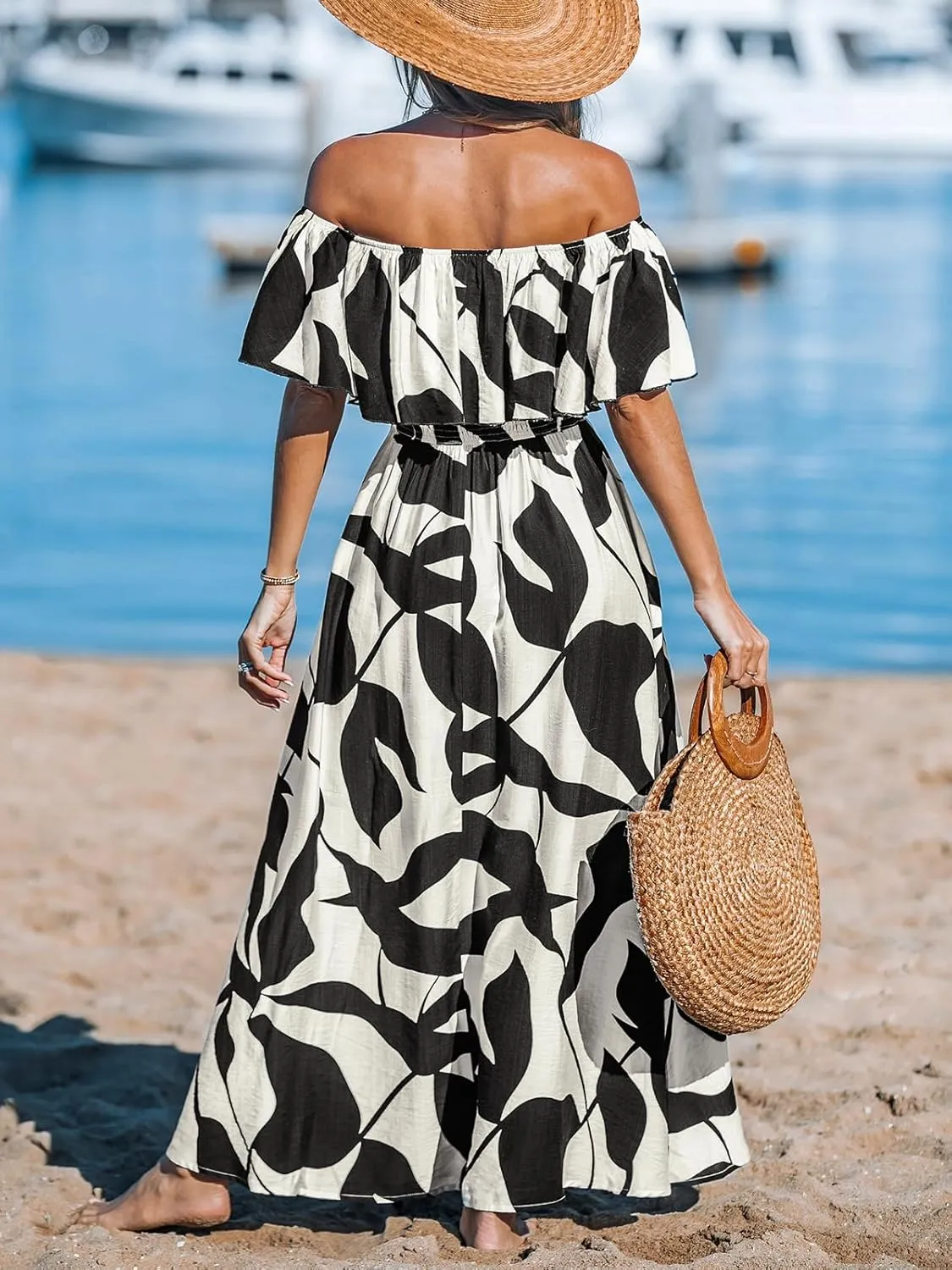 CUPSHE Women Ruffle Floral Maxi Summer Dress Off Shoulder Short Sleeve Backless Flounce Bodice Slit Hem Beach Dresses