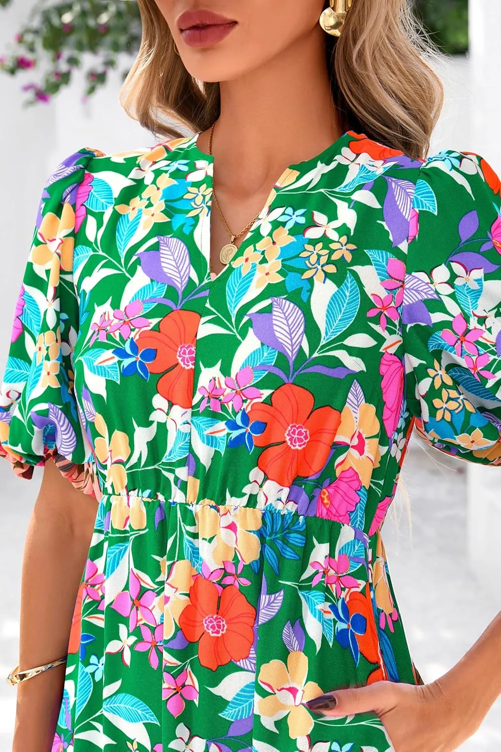 dowerme Womens Summer Dresses 2025 Casual Puff Short Sleeve V Neck Floral Boho Tiered Ruffle Maxi Dress with Pockets