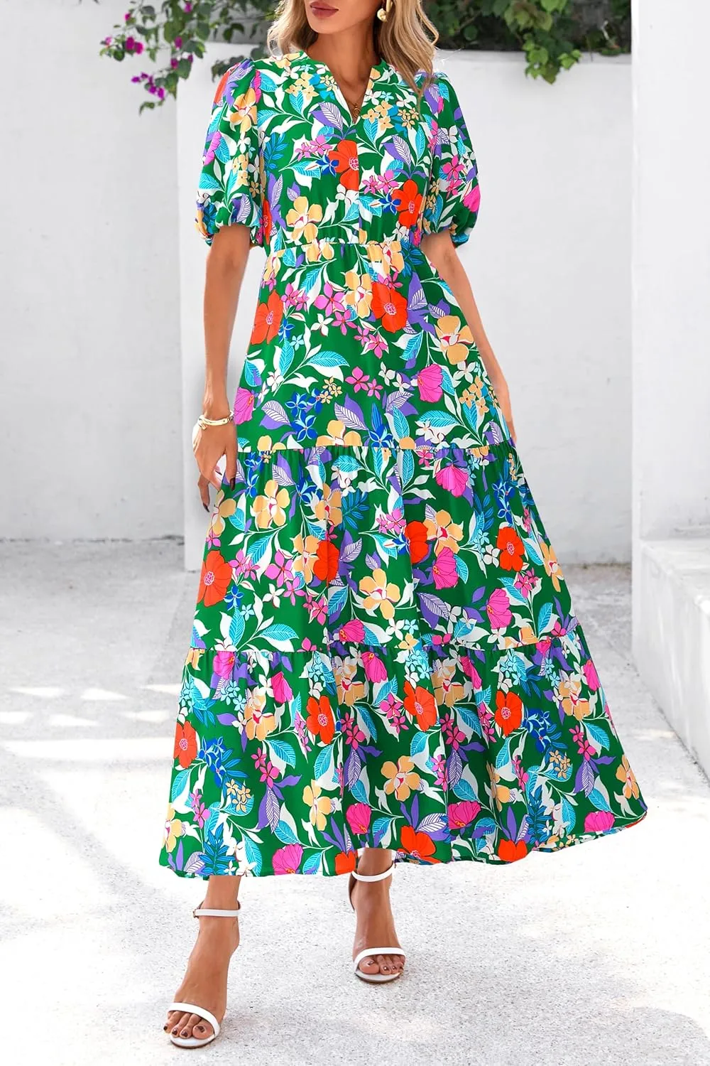 dowerme Womens Summer Dresses 2025 Casual Puff Short Sleeve V Neck Floral Boho Tiered Ruffle Maxi Dress with Pockets