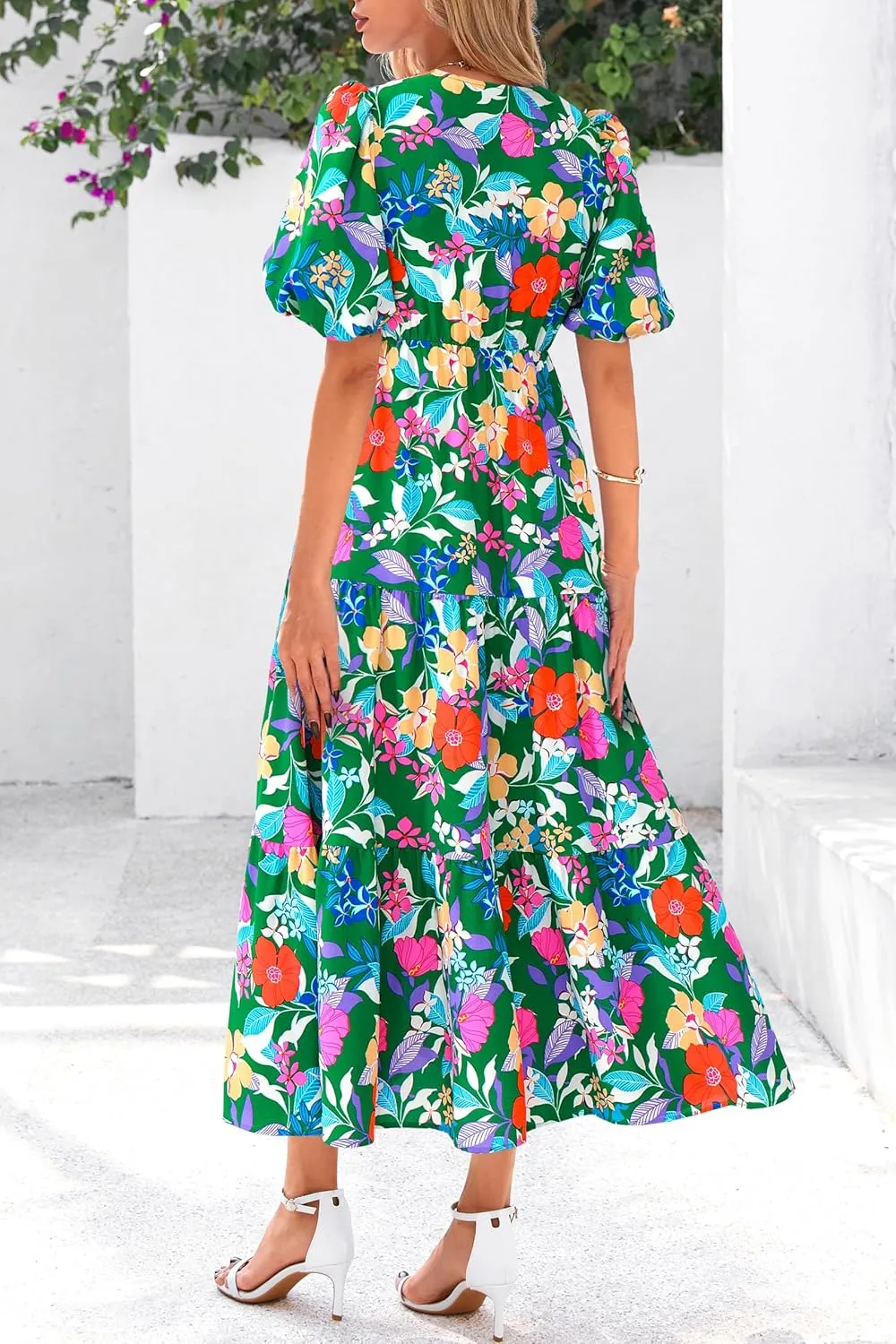 dowerme Womens Summer Dresses 2025 Casual Puff Short Sleeve V Neck Floral Boho Tiered Ruffle Maxi Dress with Pockets