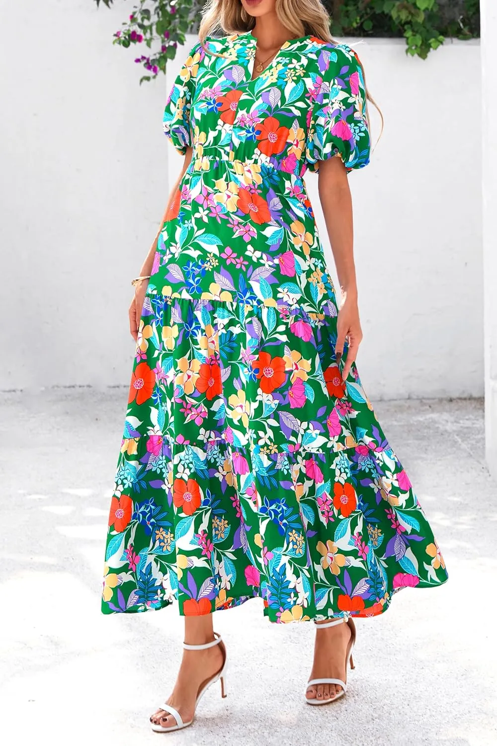 dowerme Womens Summer Dresses 2025 Casual Puff Short Sleeve V Neck Floral Boho Tiered Ruffle Maxi Dress with Pockets