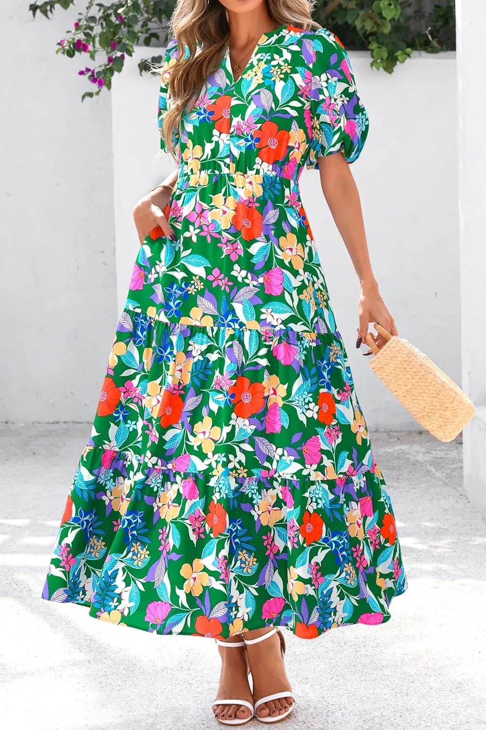 dowerme Womens Summer Dresses 2025 Casual Puff Short Sleeve V Neck Floral Boho Tiered Ruffle Maxi Dress with Pockets
