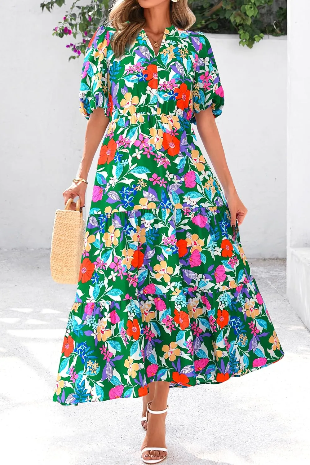 dowerme Womens Summer Dresses 2025 Casual Puff Short Sleeve V Neck Floral Boho Tiered Ruffle Maxi Dress with Pockets