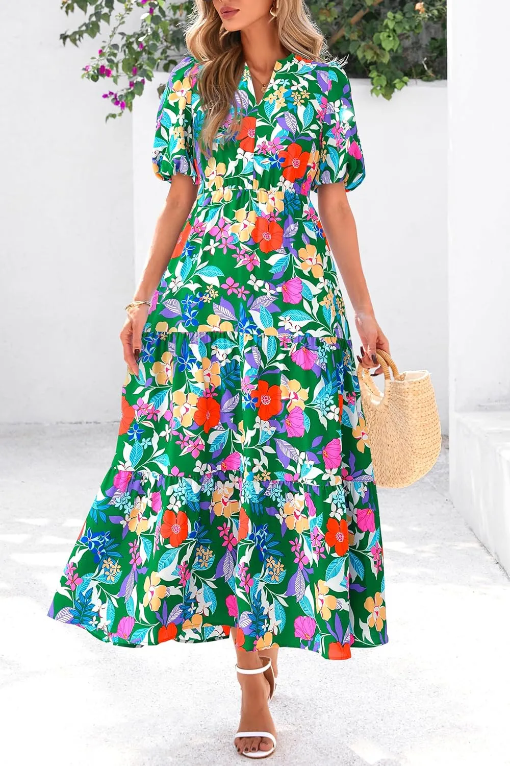 dowerme Womens Summer Dresses 2025 Casual Puff Short Sleeve V Neck Floral Boho Tiered Ruffle Maxi Dress with Pockets