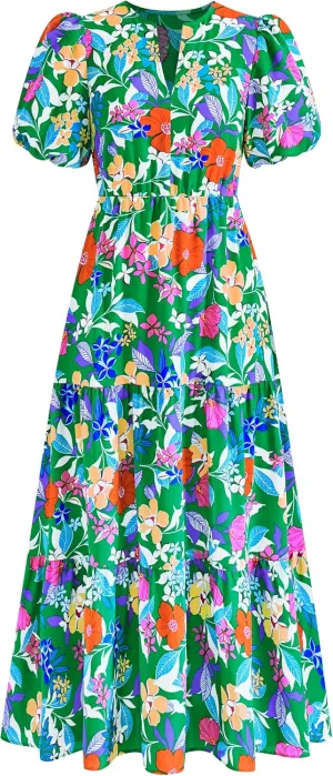 dowerme Womens Summer Dresses 2025 Casual Puff Short Sleeve V Neck Floral Boho Tiered Ruffle Maxi Dress with Pockets