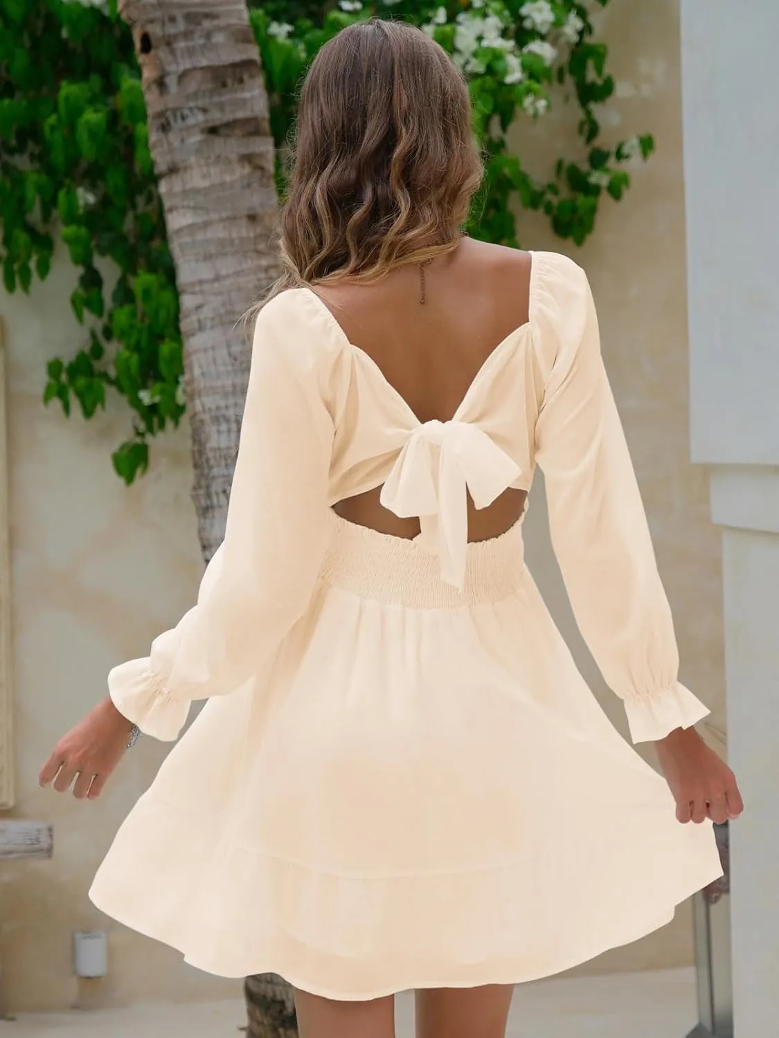 EXLURA Women's 2025 Casual Long Lantern Sleeve Dresses Square Neck Ruffle Tie Back Elastic Waist Aline Short Mini Dress