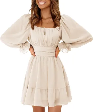 EXLURA Women's 2025 Casual Long Lantern Sleeve Dresses Square Neck Ruffle Tie Back Elastic Waist Aline Short Mini Dress