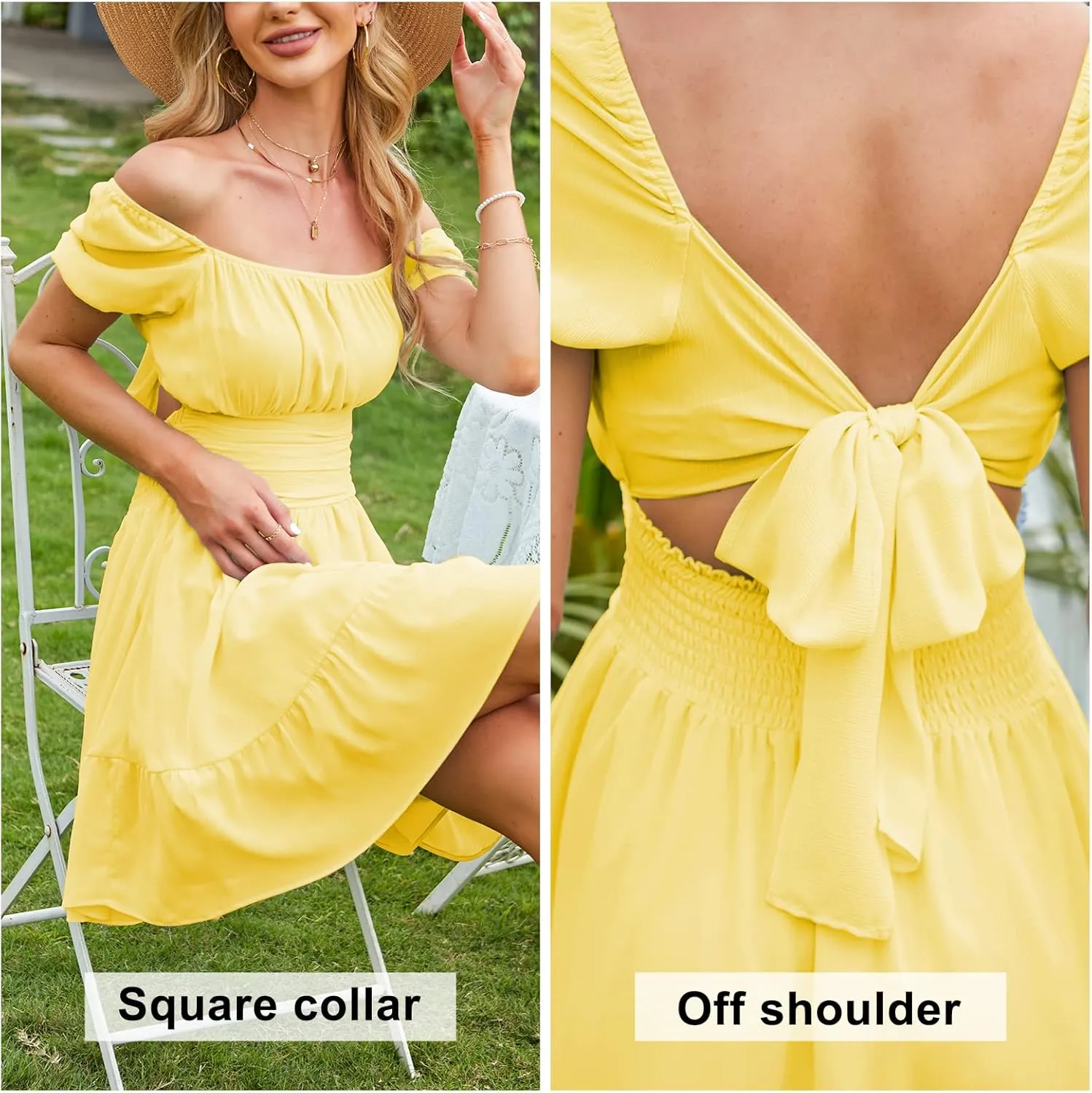 EXLURA Women's 2025 Summer Short Puff Sleeve Casual Short Mini Dresses Tie Back Square Neck A-Line Sundress