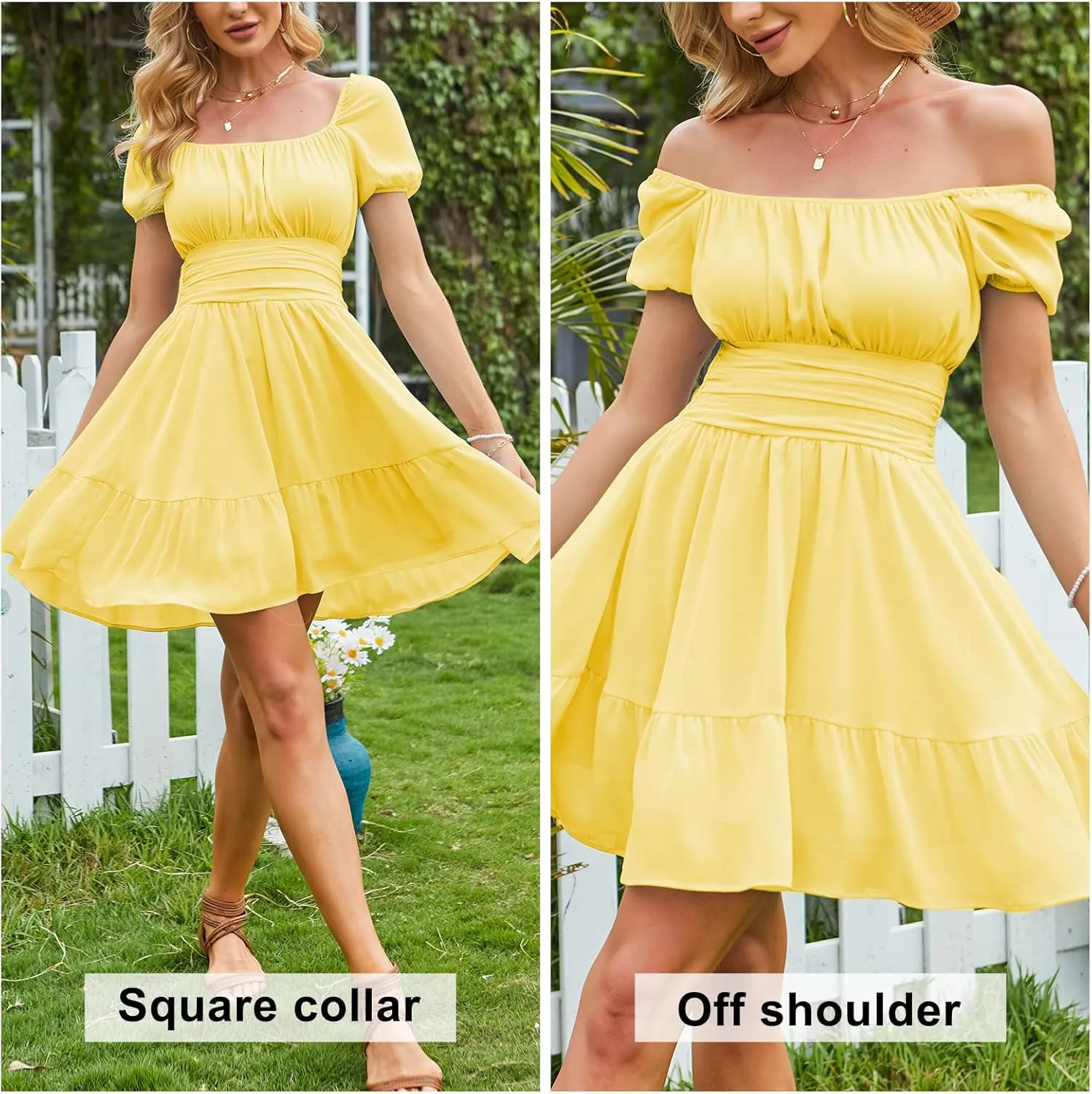 EXLURA Women's 2025 Summer Short Puff Sleeve Casual Short Mini Dresses Tie Back Square Neck A-Line Sundress