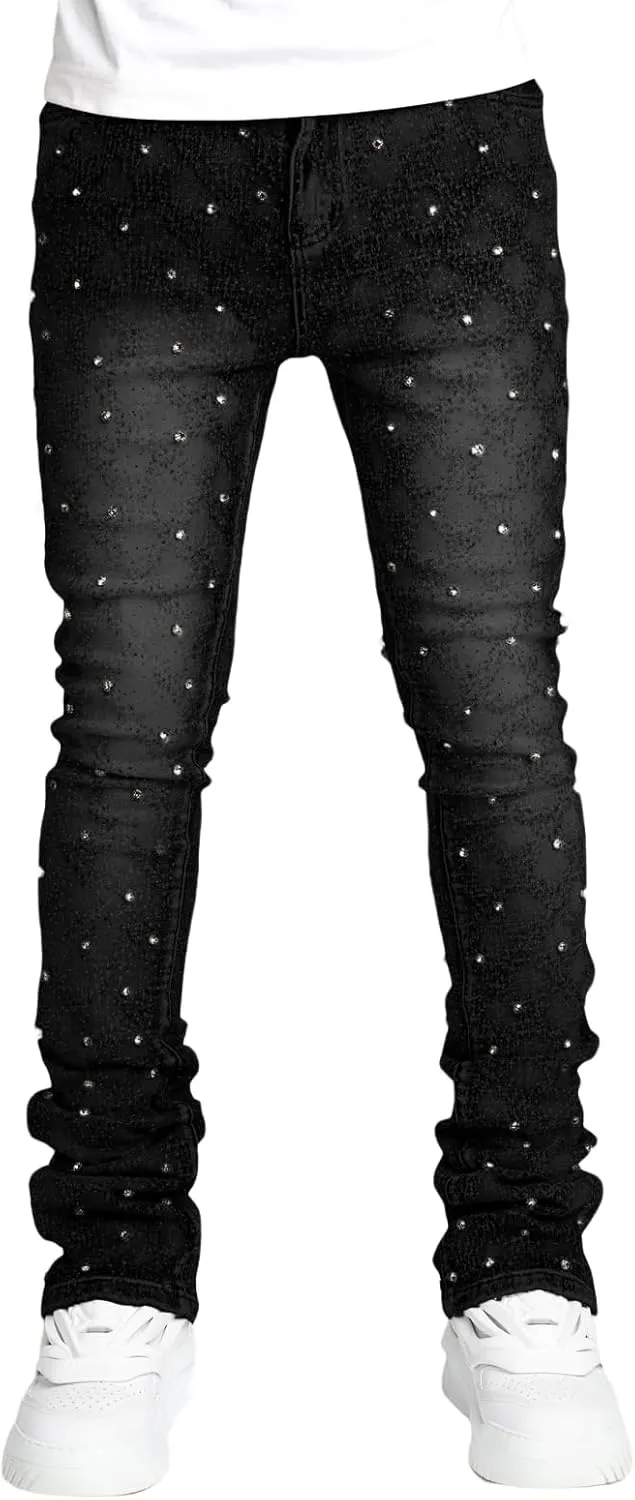 Jeans for Men Stretch Fit Skinny Stacked Rhinestone Jeans Slim Fit Printed Y2K Denim Pants Trousers Streetwear