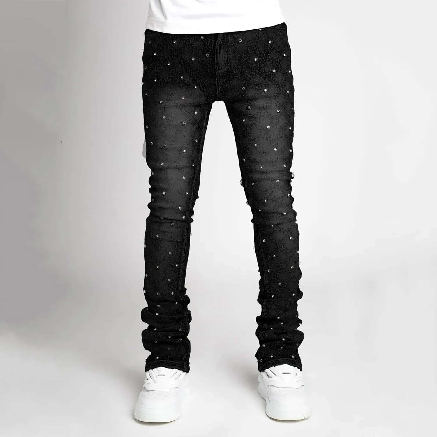 Jeans for Men Stretch Fit Skinny Stacked Rhinestone Jeans Slim Fit Printed Y2K Denim Pants Trousers Streetwear