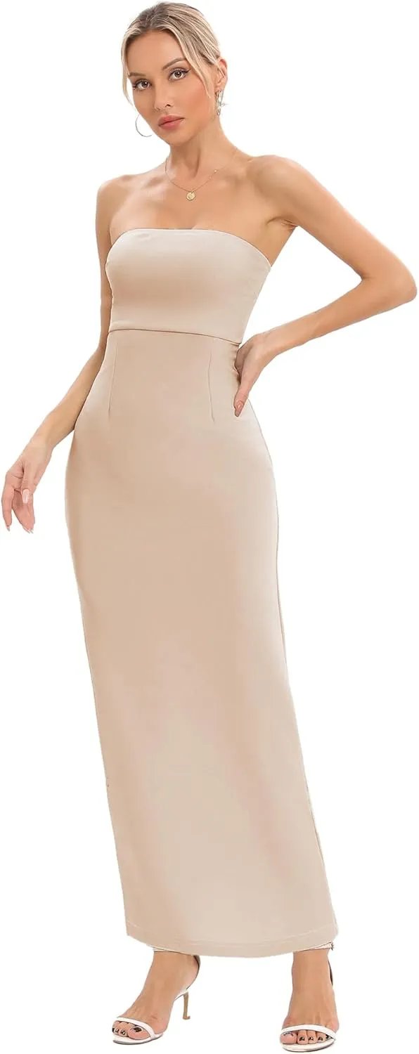 JLCNCUE Women's Tube Strapless Maxi Dress Side Slit Bodycon Dresses Sleeveless Off Shoulder Backless Cocktail Dress 295
