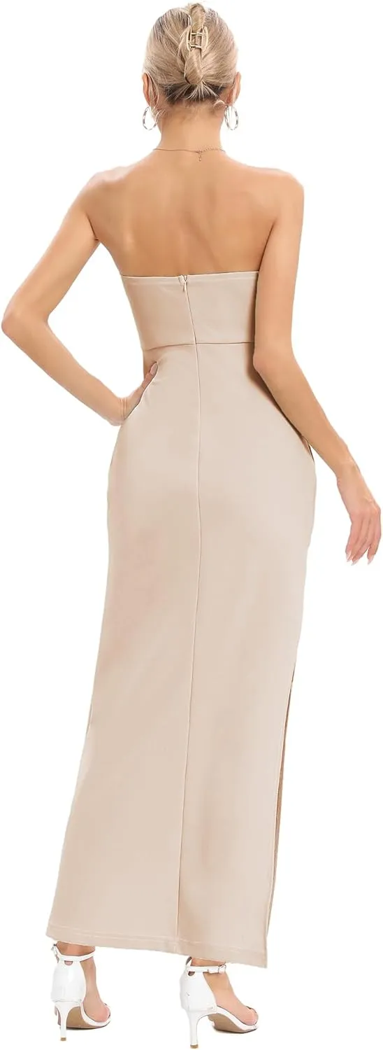 JLCNCUE Women's Tube Strapless Maxi Dress Side Slit Bodycon Dresses Sleeveless Off Shoulder Backless Cocktail Dress 295