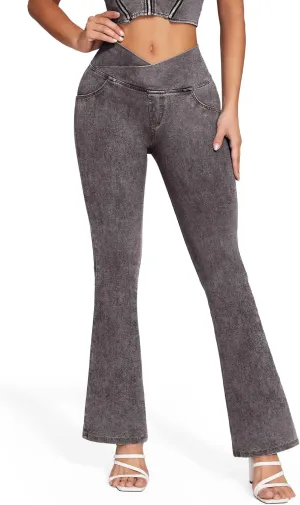 KIWI RATA Flare Jeans for Women, Tummy Control High Waisted Stretchy Pants, Trendy Crossover Bell Bottom Jeans