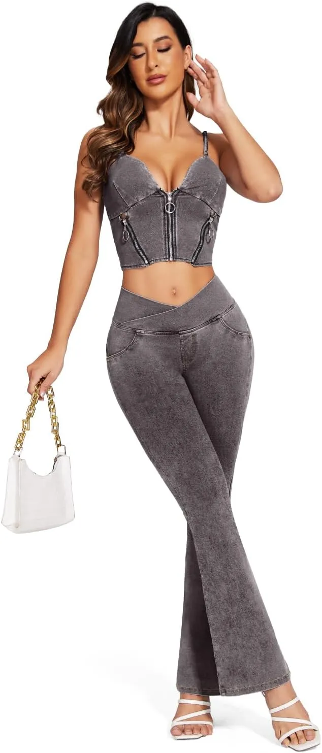 KIWI RATA Flare Jeans for Women, Tummy Control High Waisted Stretchy Pants, Trendy Crossover Bell Bottom Jeans