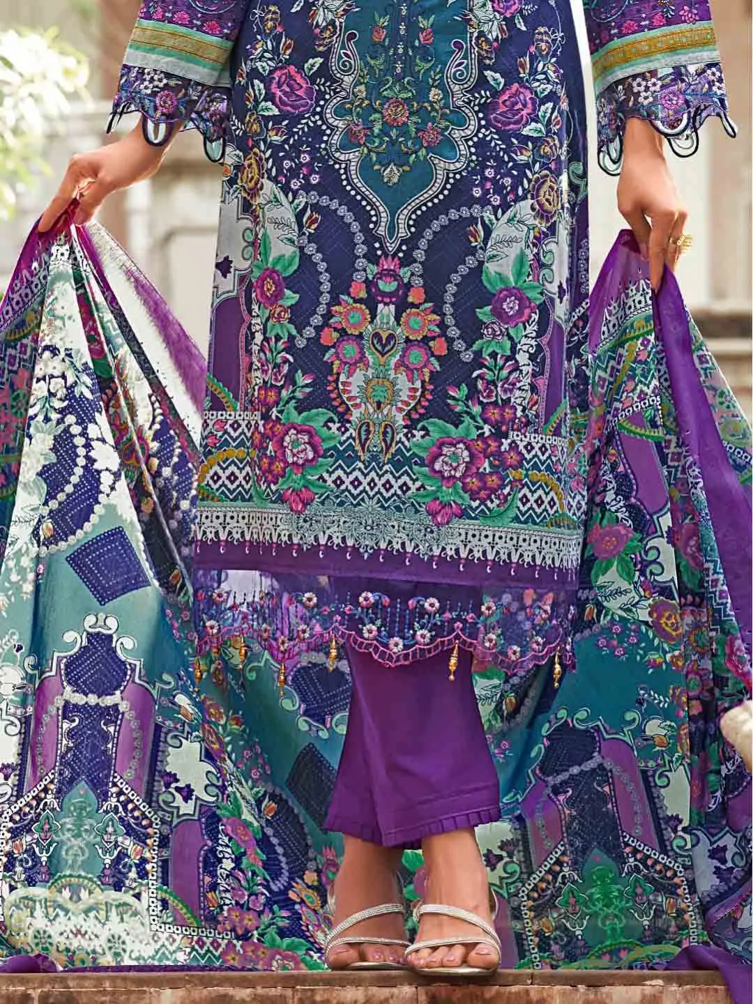 Levisha Pakistani Print Unstitched Cotton Suit Material Blue