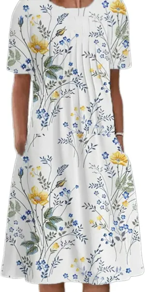 LOAIHA Women's Boho Floral Print Short Sleeve T Shirt Dress Summer Casual Loose Swing Tshirt Midi Dresses with Pockets