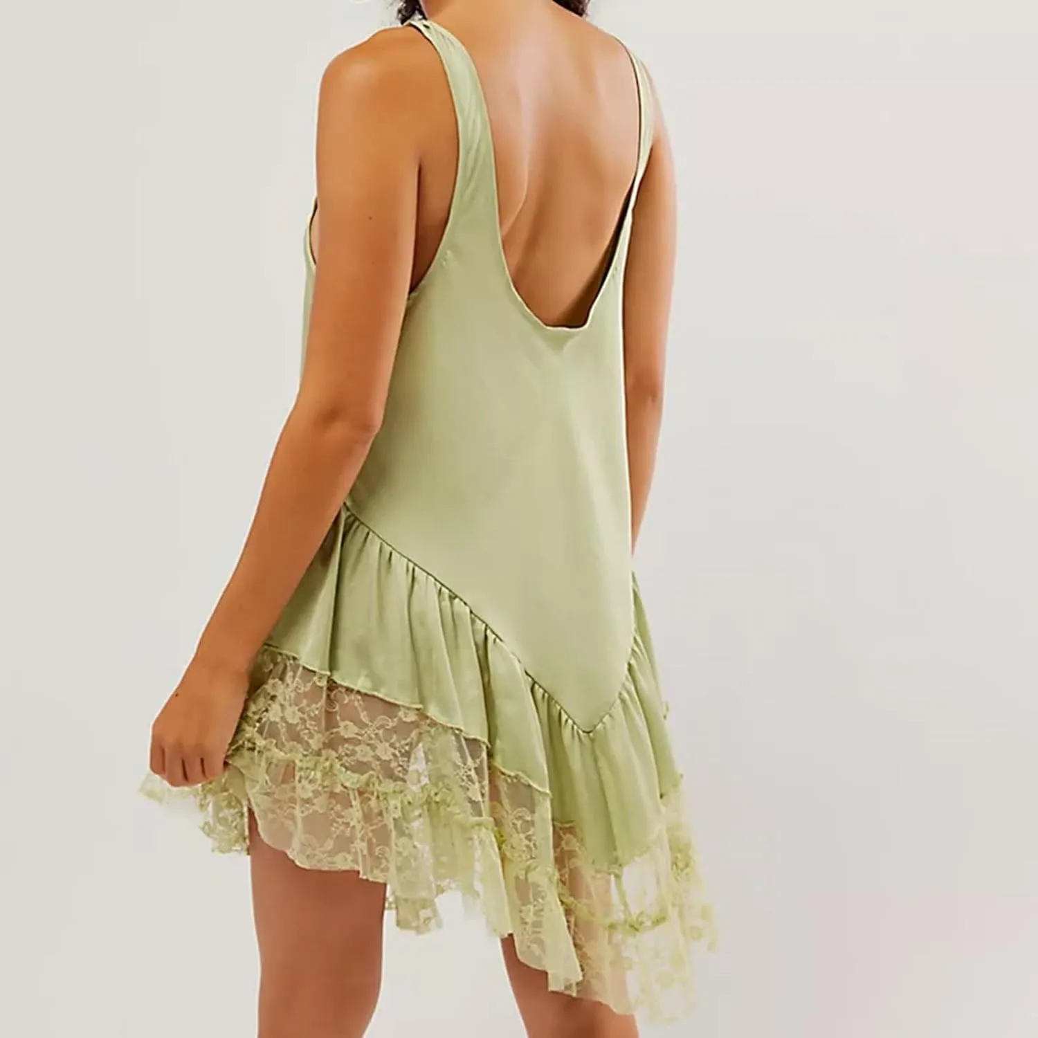 Luckinbaby Women Y2k Mini Dress Lace Flowy Short Tank Dress Backless Ruffle Spaghetti Strap Sleeveless Slip Under Dress