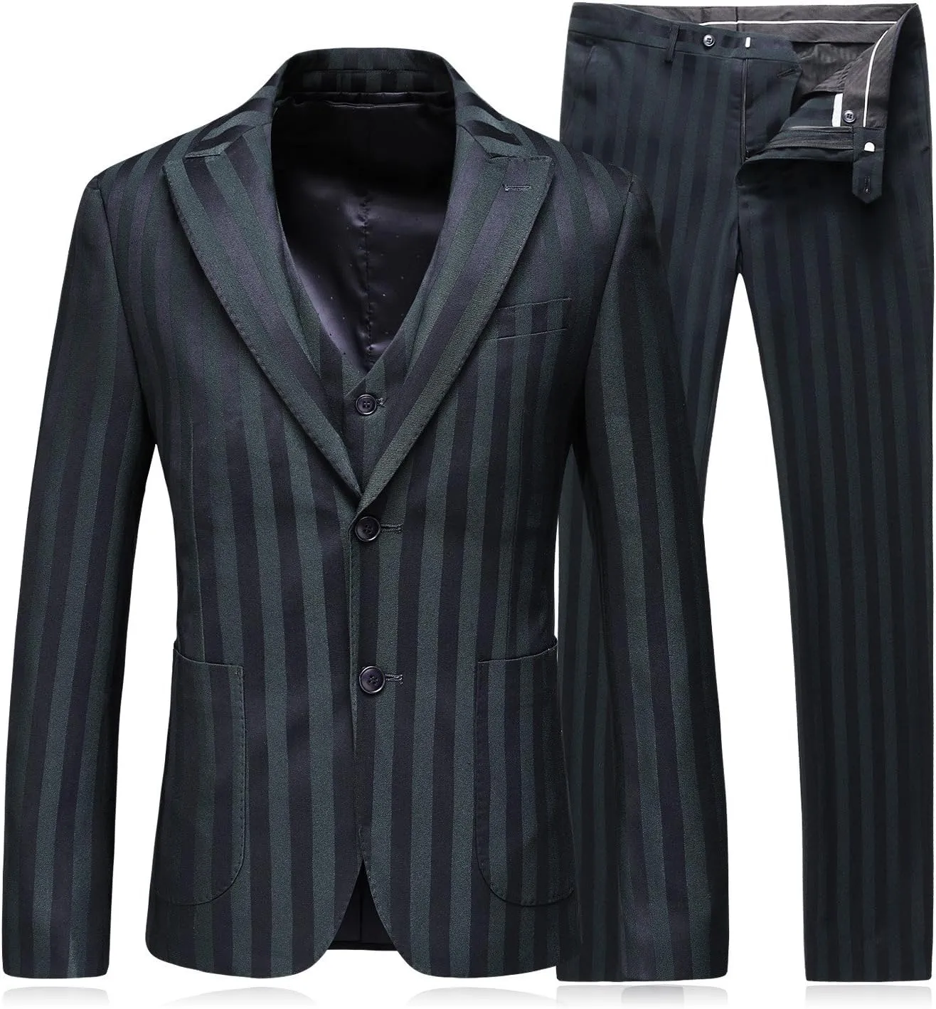 Mens 3 Piece Suit Slim Fit Stripe Tuxedo Blazer Pants Vest Set