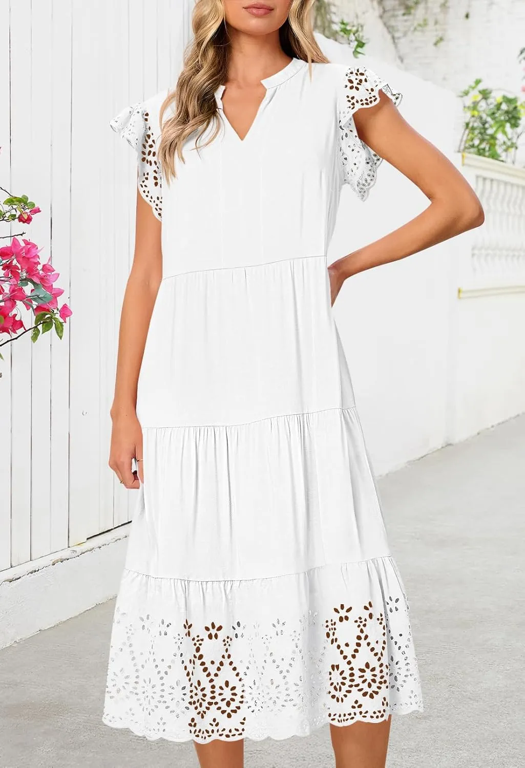 MEROKEETY Women's 2025 Summer Short Sleeve Midi Dress V Neck A-Line Ruffle Tiered Eyelet Casual Dresses