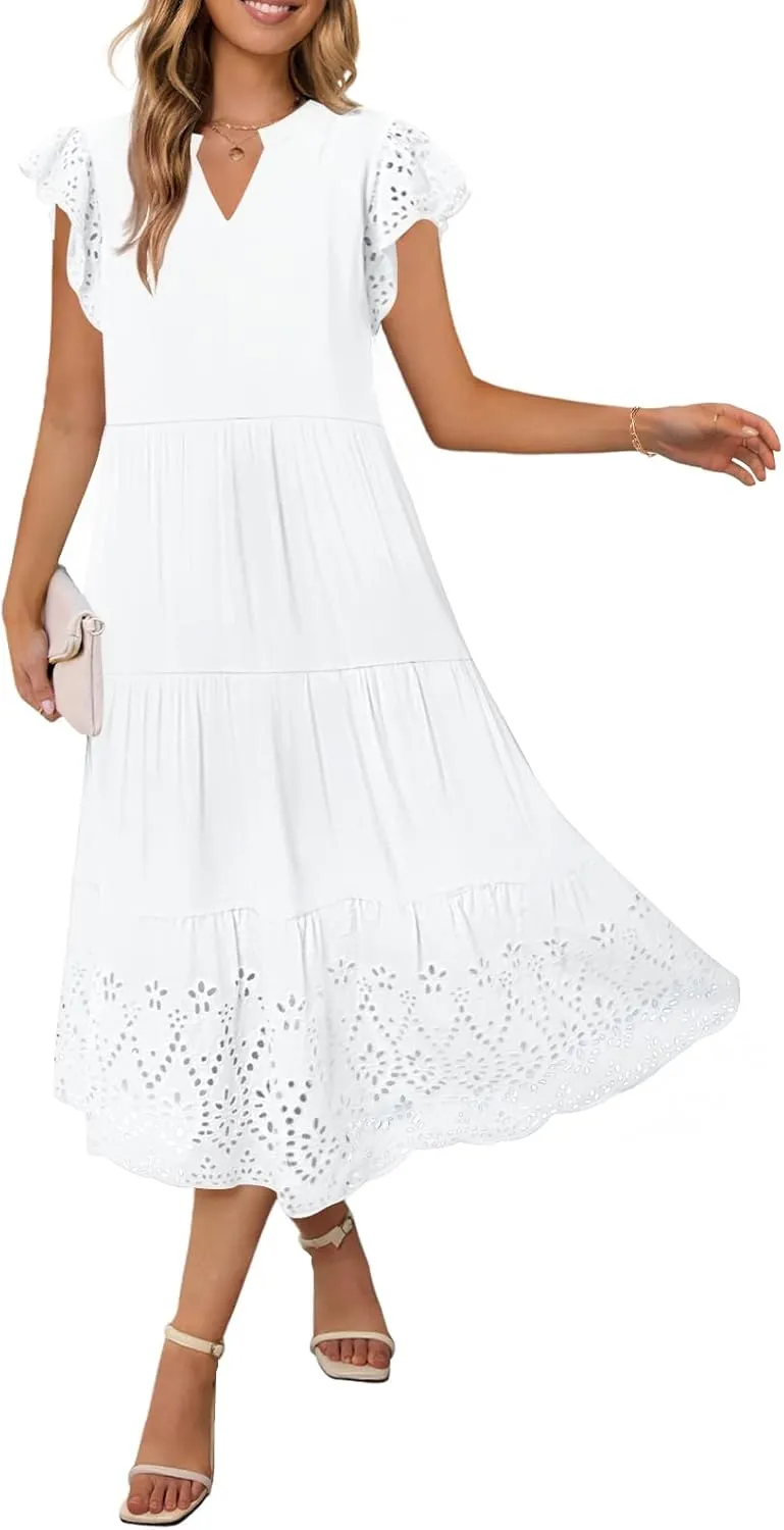MEROKEETY Women's 2025 Summer Short Sleeve Midi Dress V Neck A-Line Ruffle Tiered Eyelet Casual Dresses