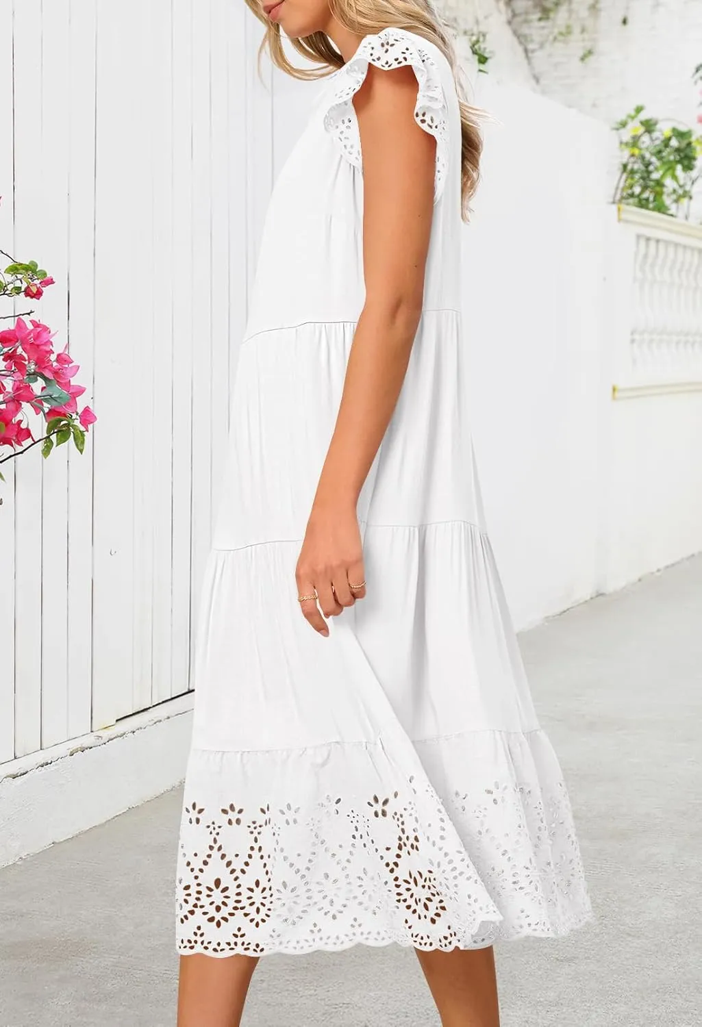 MEROKEETY Women's 2025 Summer Short Sleeve Midi Dress V Neck A-Line Ruffle Tiered Eyelet Casual Dresses