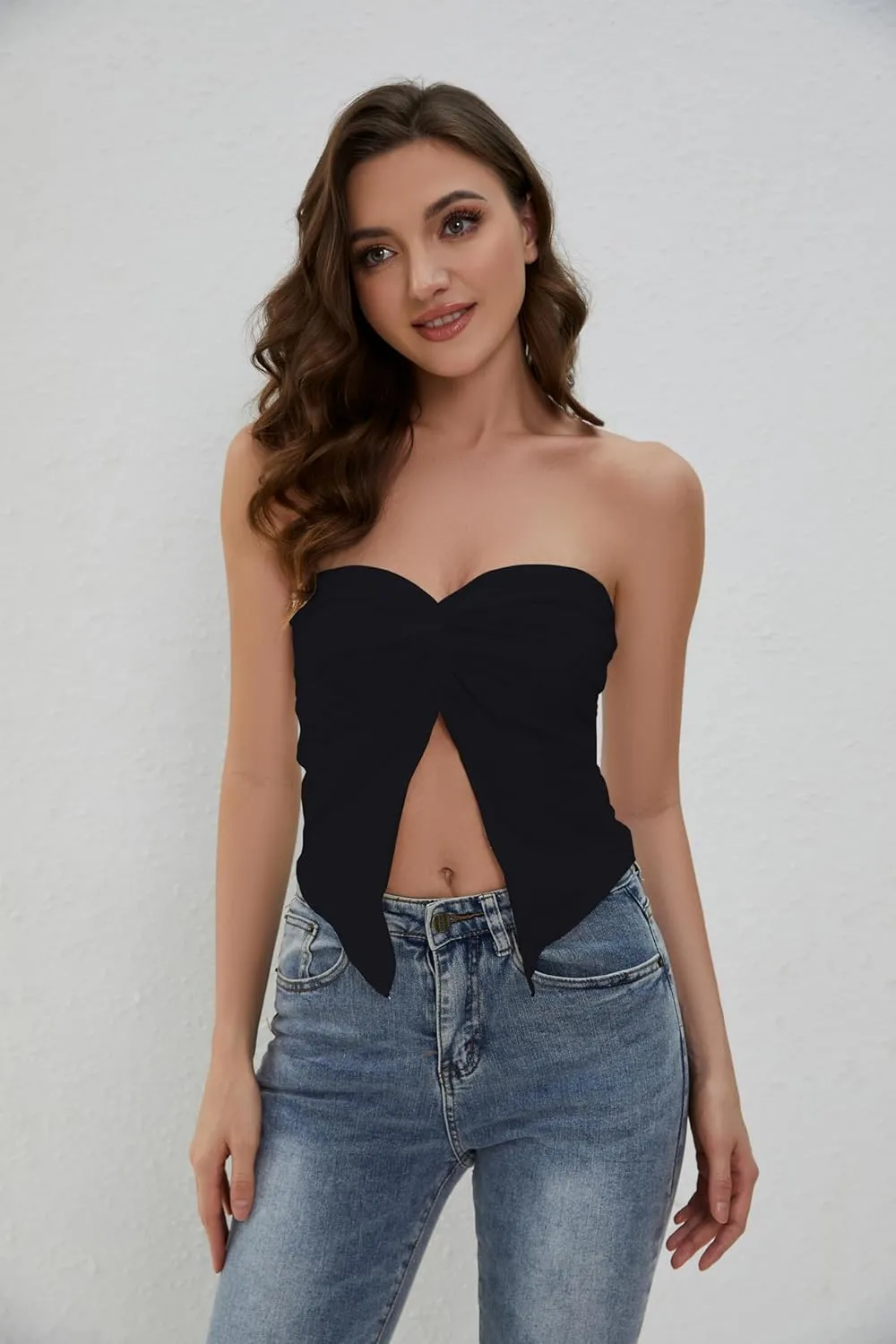 MISSACTIVER Womens Y2K Sexy Twist Front Tube Top Strapless Sleeveless Solid Cut-Out Midriff Crop Tops Tank Top