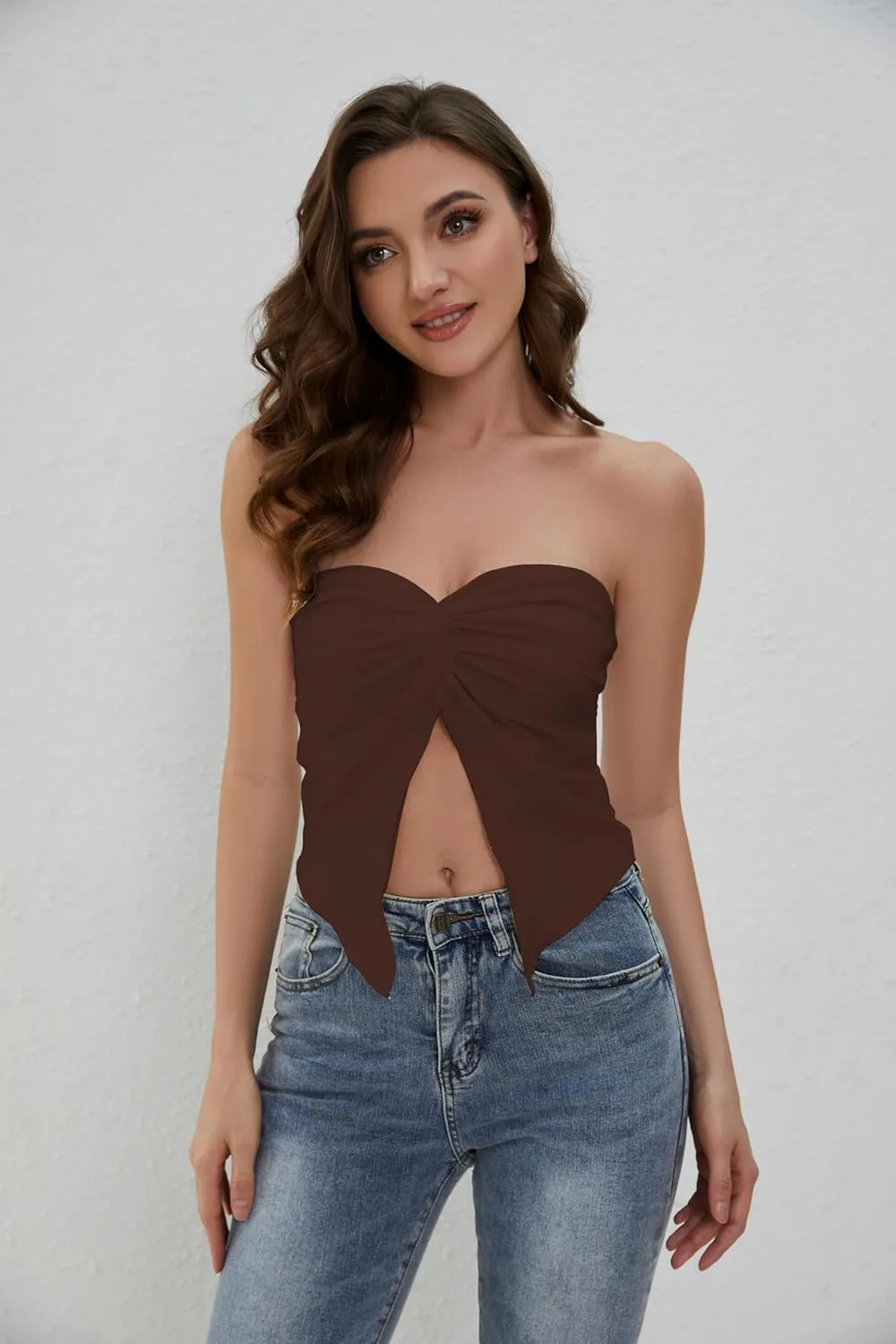 MISSACTIVER Womens Y2K Sexy Twist Front Tube Top Strapless Sleeveless Solid Cut-Out Midriff Crop Tops Tank Top