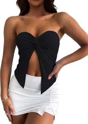 MISSACTIVER Womens Y2K Sexy Twist Front Tube Top Strapless Sleeveless Solid Cut-Out Midriff Crop Tops Tank Top